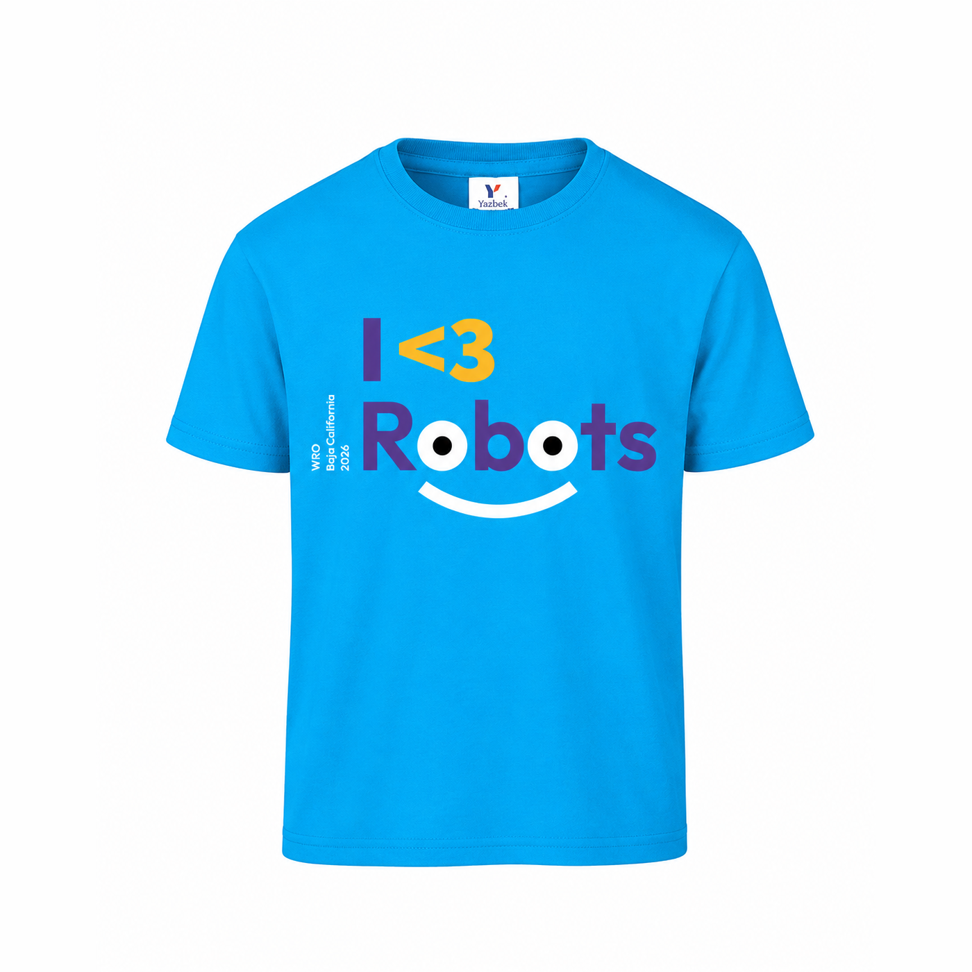 Playera infantil azul I ♥ Robots de WRO Baja California 2026 con diseño original de robots