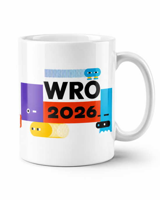 Taza blanca de cerámica WRO 2026 con robots geométricos, del Evento Nacional Baja California