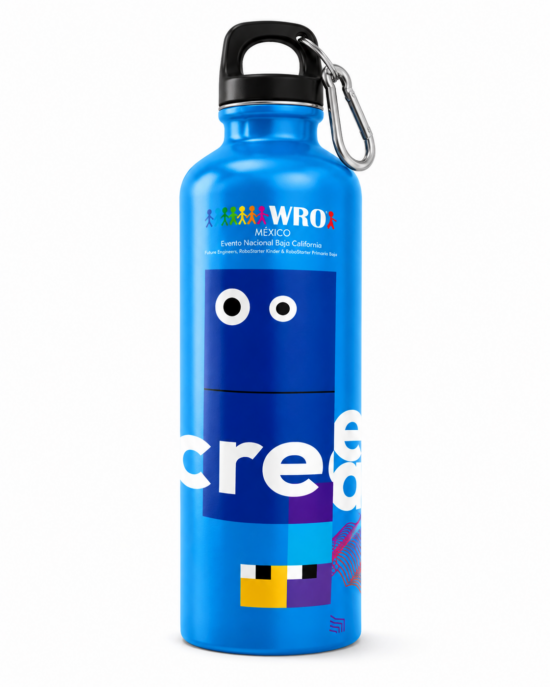 Termo azul del WRO México 2026 con diseño crea, robot de bloques y mosquetón, Evento Nacional Baja California