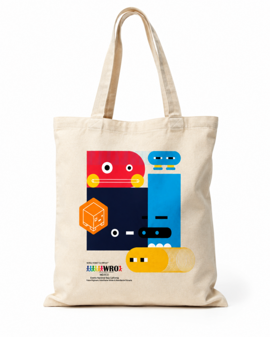 Tote bag de manta del WRO México 2026 con ilustración de robots de colores, Evento Nacional Baja California