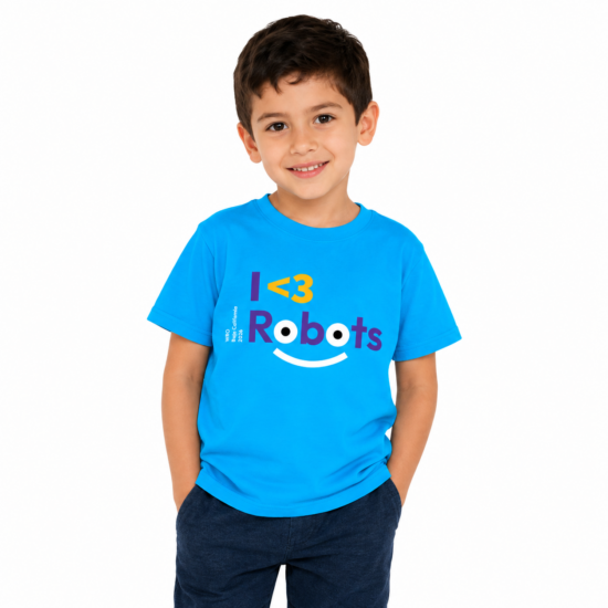 Playera infantil azul I ♥ Robots de WRO Baja California 2026 con diseño original de robots
